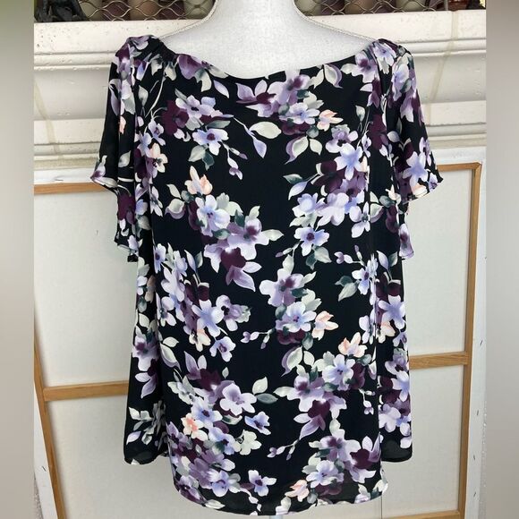 WHBM BNWT elegant purple floral print lined blouse w/ flutter sleeves - Picture 1 of 11